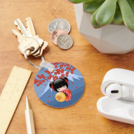 Red Sakura Kokeshi Doll - Cute Geisha Girl Sleutelhanger