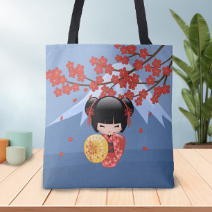 Red Sakura Kokeshi Doll - Cute Geisha Girl Tote Bag
