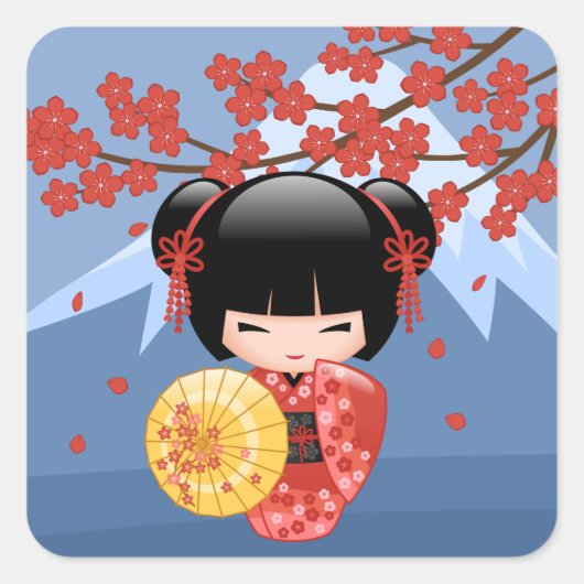 Red Sakura Kokeshi Doll - Cute Geisha Girl Vierkante Sticker (Voorkant)