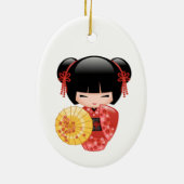 Red Sakura Kokeshi Doll - Cute Geisha op White Keramisch Ornament (Achterkant)