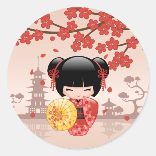 Red Sakura Kokeshi Doll Japanese Geisha Beige Ronde Sticker (Voorkant)