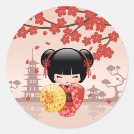 Red Sakura Kokeshi Doll Japanese Geisha Beige Ronde Sticker
