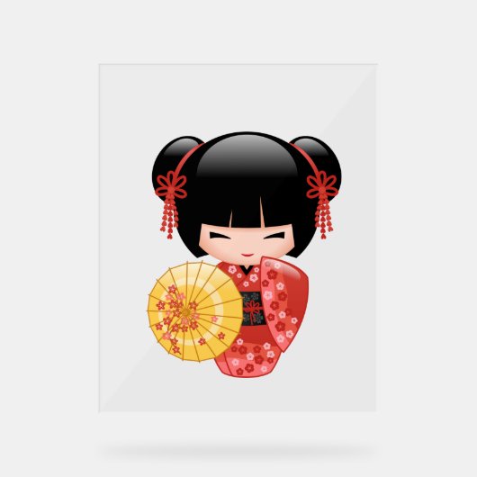 Red Sakura Kokeshi Doll - Japans Geisha Girl Acryl Bord (Voorkant)