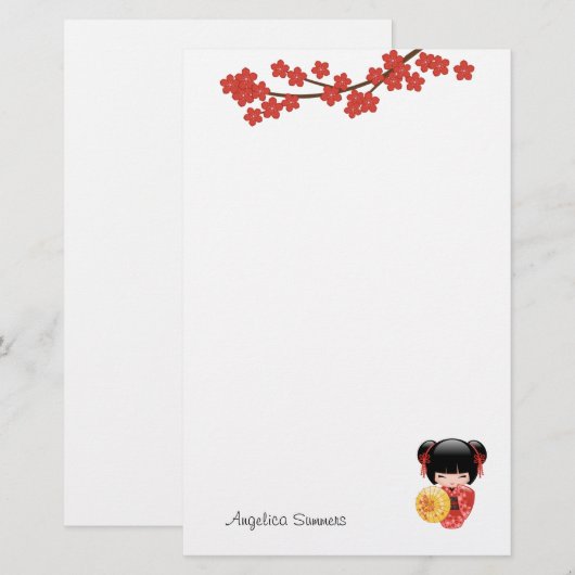 Red Sakura Kokeshi Doll - Japans Geisha Girl Briefpapier (Voorkant / Achterkant)