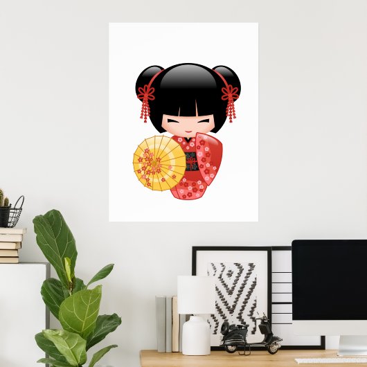 Red Sakura Kokeshi Doll - Japans Geisha Girl Poster (Thuiskantoor)