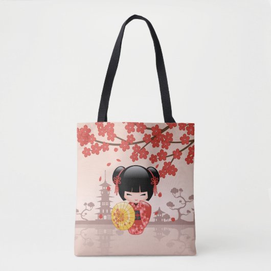 Red Sakura Kokeshi Doll - Japans Geisha Girl Tote Bag (Voorkant)