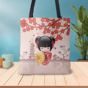 Red Sakura Kokeshi Doll - Japans Geisha Girl Tote Bag