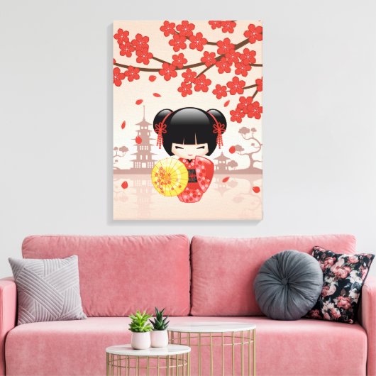 Red Sakura Kokeshi Doll - Japanse Geisha Canvas Afdruk (Insitu (Woonkamer))