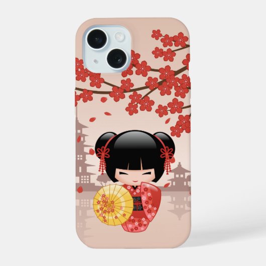 Red Sakura Kokeshi Doll - Japanse Geisha iPhone 15 Case (Achterkant)
