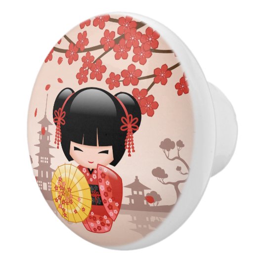 Red Sakura Kokeshi Doll - Japanse Geisha Keramische Knop (Rechts)