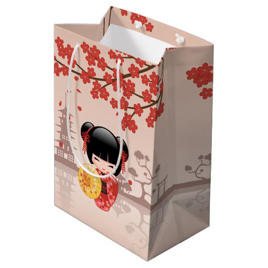 Red Sakura Kokeshi Doll - Japanse Geisha Medium Cadeauzakje (Achterkant Gekanteld)
