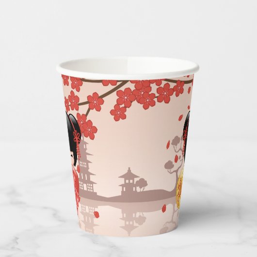 Red Sakura Kokeshi Doll - Japanse Geisha Papieren Bekers (Links)