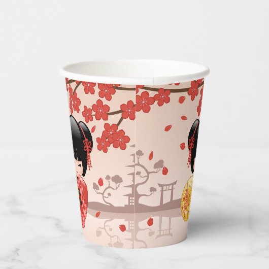 Red Sakura Kokeshi Doll - Japanse Geisha Papieren Bekers (Rechts)