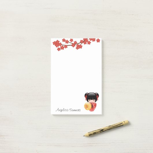 Red Sakura Kokeshi Doll - Japanse Geisha Post-it® Notes (Op bureau)
