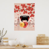 Red Sakura Kokeshi Doll - Japanse Geisha Poster (Keuken)