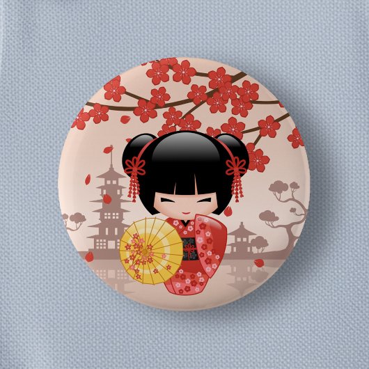 Red Sakura Kokeshi Doll - Japanse Geisha Ronde Button 5,7 Cm