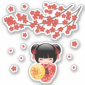 Red Sakura Kokeshi Doll - Japanse Geisha Sticker (Voorkant)