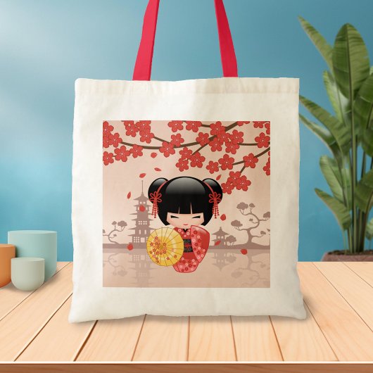 Red Sakura Kokeshi Doll - Japanse Geisha Tote Bag