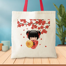Red Sakura Kokeshi Doll - Japanse Geisha Tote Bag