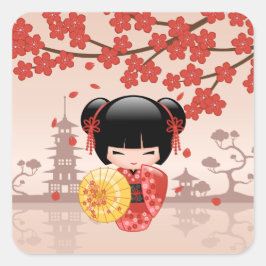 Red Sakura Kokeshi Doll - Japanse Geisha Vierkante Sticker