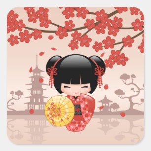 Red Sakura Kokeshi Doll - Japanse Geisha Vierkante Sticker