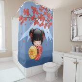 Red Sakura Kokeshi Doll Schattige Geisha Girl Blau Douchegordijn (In situ)