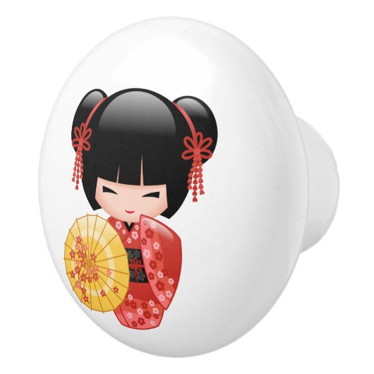 Red Sakura Kokeshi Doll - Stomme Japanse Geisha Keramische Knop (Rechts)