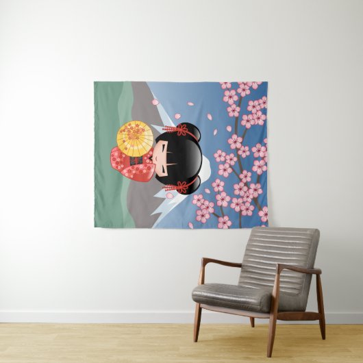 Red Sakura Kokeshi Doll - Stomme Japanse Geisha Wandkleed (In Situ (horizontaal))