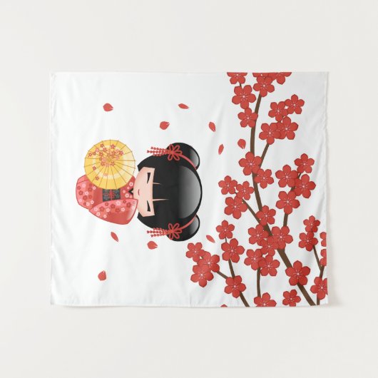 Red Sakura Kokeshi Doll - Stomme Japanse Geisha Wandkleed (Voorkant (horizontaal))