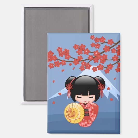 Red Sakura Kokeshi Schattigee Geisha Blue Mountain Magneet (Voorkant / Achterkant)