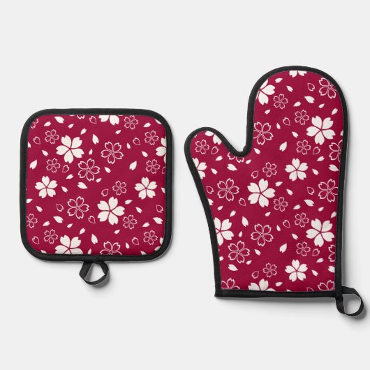 Red Sakura Pattern Ovenwant & Pannenlap Set (Voorkant)