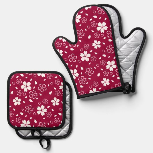 Red Sakura Pattern Ovenwant & Pannenlap Set (Voorkant / Achterkant)