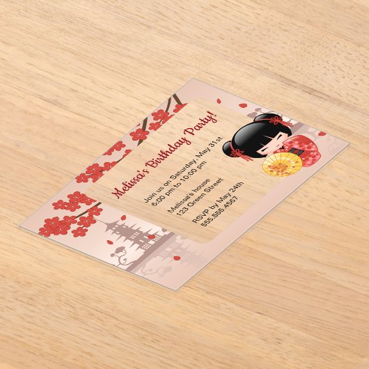 Red Sakura Transparant Venster Verjaardagsfeest Acryl Uitnodigingen (Laagn)