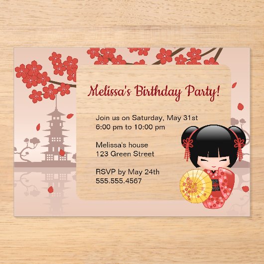 Red Sakura Transparant Venster Verjaardagsfeest Acryl Uitnodigingen (Voorkant)