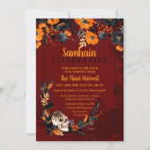 Red Samhain Floral Skull Halloween Party Kaart (Voorkant)