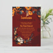 Red Samhain Floral Skull Halloween Party Kaart (Staand voorkant)