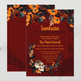 Red Samhain Floral Skull Halloween Party Kaart