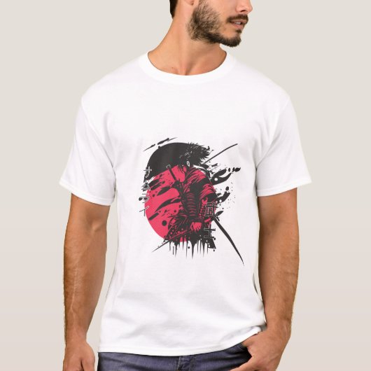 Red Samurai Warrior Ink Art T-Shirt | Japanese Kat (Voorkant)