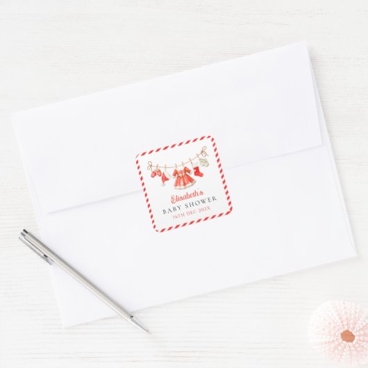 Red Santa Baby Baby Shower Vierkante Sticker (Envelop)