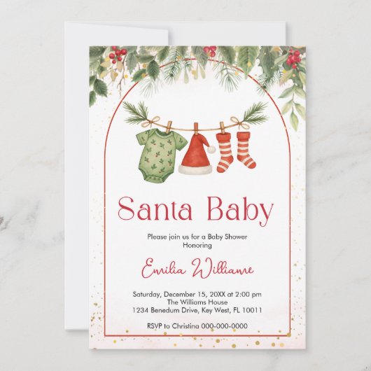 Red Santa Christmas Clothesline Baby shower Kaart (Voorkant)