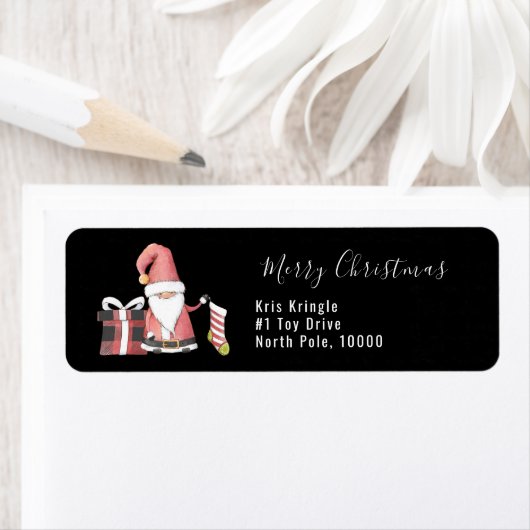 Red Santa Gnome met Stocking and Gift Package Etiket (Insitu)