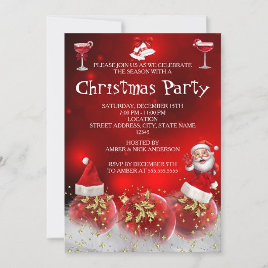 Red Santa Gold Baubles Christmas Holiday Party Kaart (Voorkant)