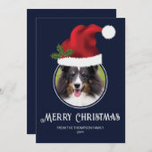 Red Santa Hat aangepaste fotosjabloon op blauw Feestdagenkaart (Voorkant / Achterkant)