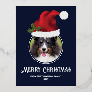 Red Santa Hat aangepaste fotosjabloon op blauw Folie Feestdagen Briefkaart