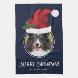 Red Santa Hat aangepaste fotosjabloon op blauw Theedoek