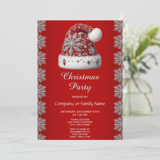 Red Santa Hat Kerstfeest Uitnodiging (Staand voorkant)