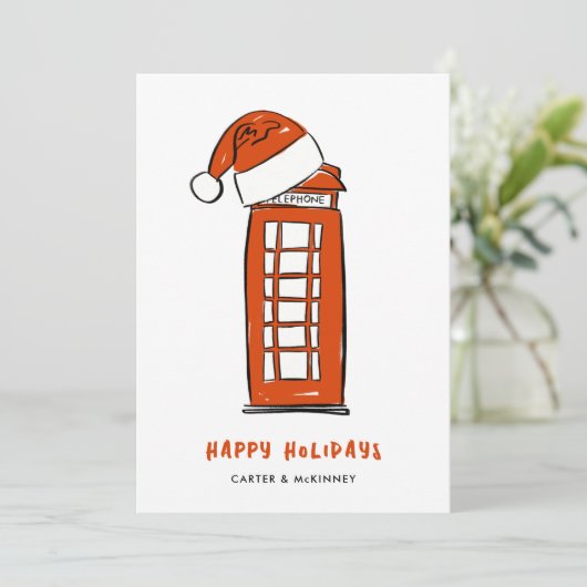 Red Santa Hat London Red Telephone Box Business Feestdagenkaart (Staand voorkant)