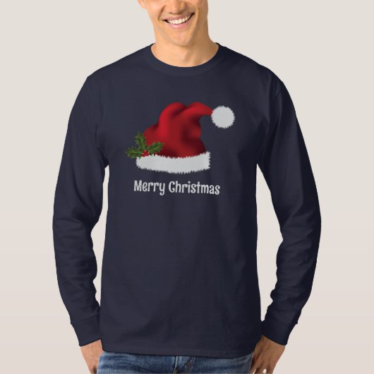 Red Santa Hat met kerst Holly en aangepaste tekst T-shirt (Voorkant)