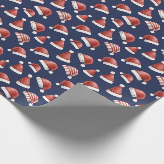 Red Santa Hat Pattern Christmas Navy Blue Cadeaupapier (Hoek)