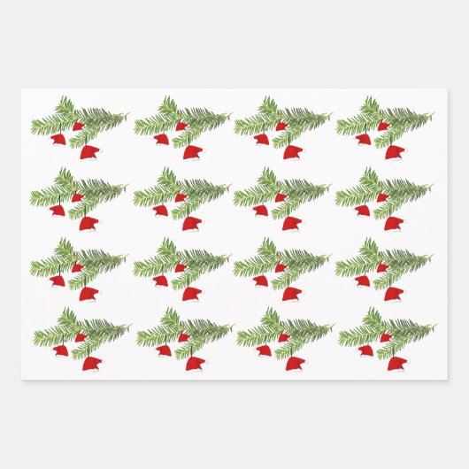 Red Santa Hat Pine Branches Merry Kerstmis Inpakpapier Vel (Voorkant 3)